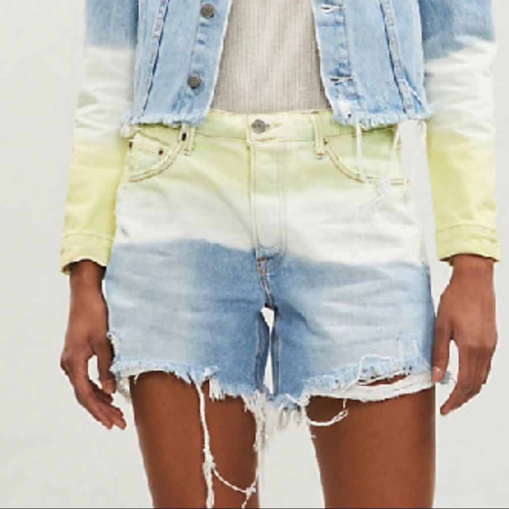 GRLFRND Jourdan Tie-dye Ripped Denim Shorts Yellow Size 25 Button Fly